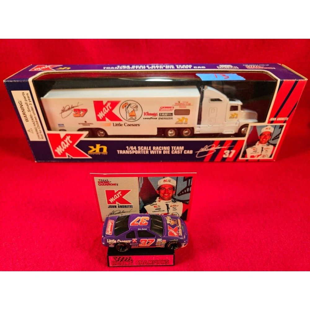 JOHN ANDRETTI NASCAR TRANSPORTER BUNDLE w/MATCHING STOCKCAR & PLAYER‎ CARD